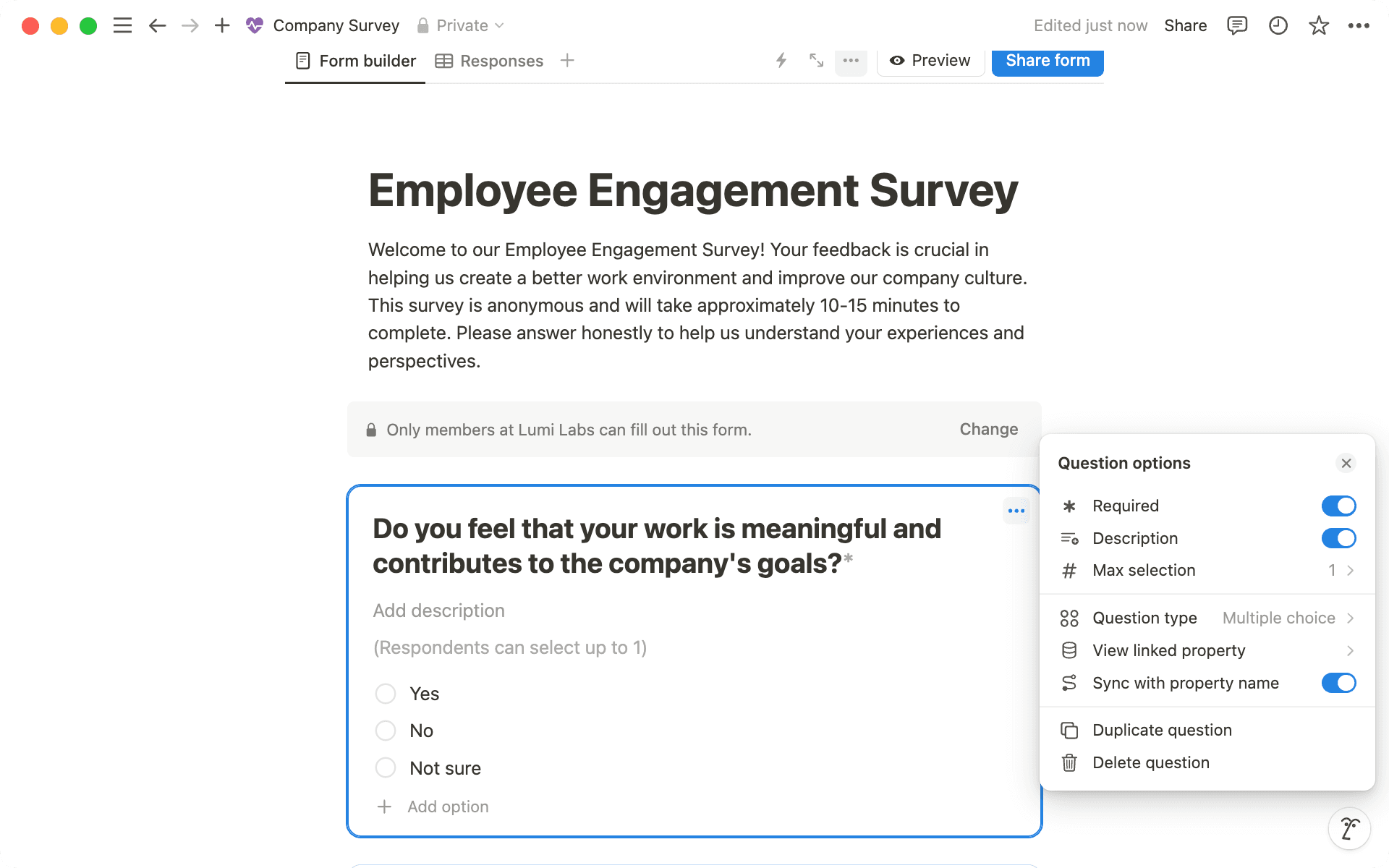 Navigate to the three-dot menu on any question to mark it as required and add helpful descriptions.