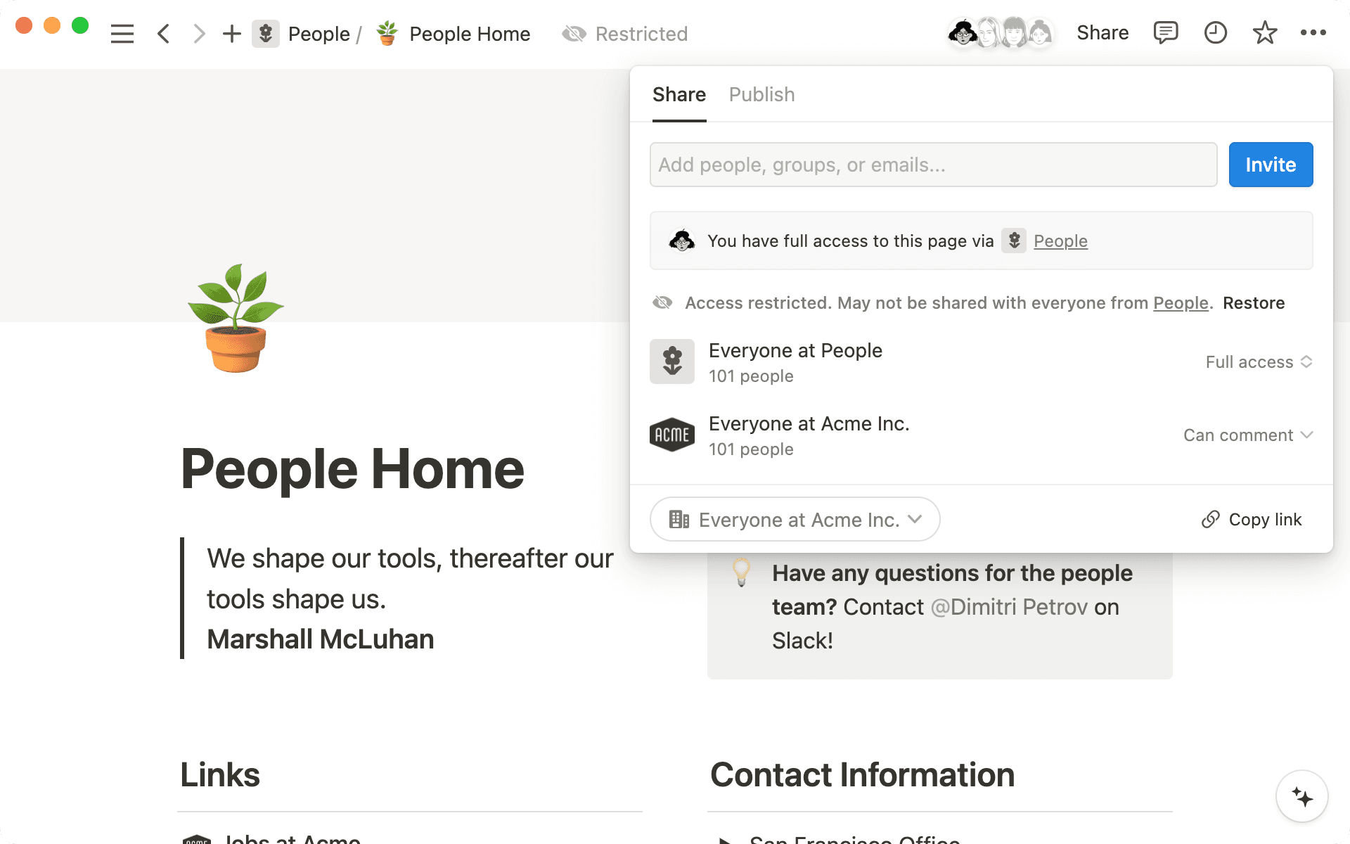Notice here how the whole company can view this page, but only HR can edit it.