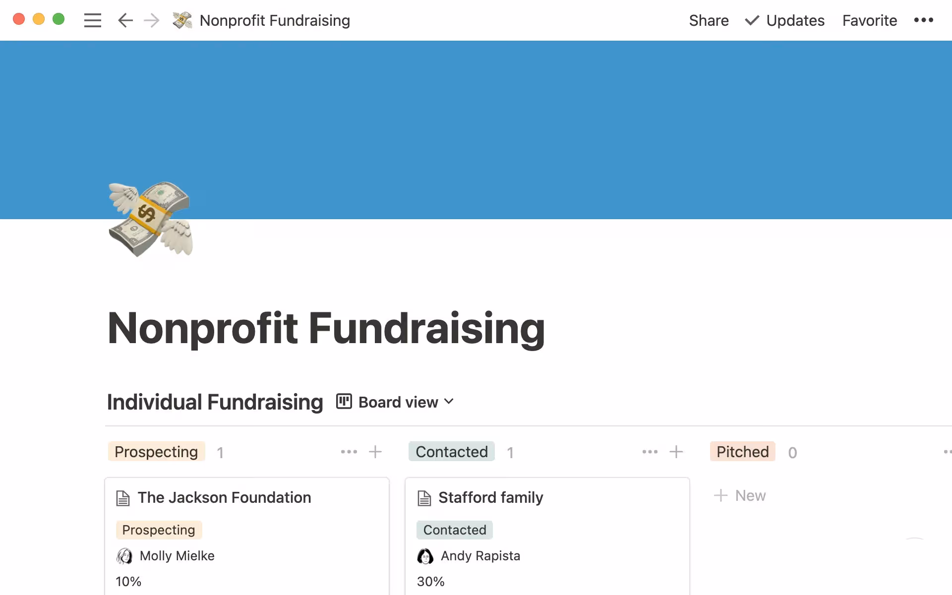 Eine Board-Ansicht für Non-Profit-Fundraising, die die verschiedenen Phasen des Fundraising anzeigt, einschließlich des Anwerbens, der Kontaktaufnahme und der Präsentation.